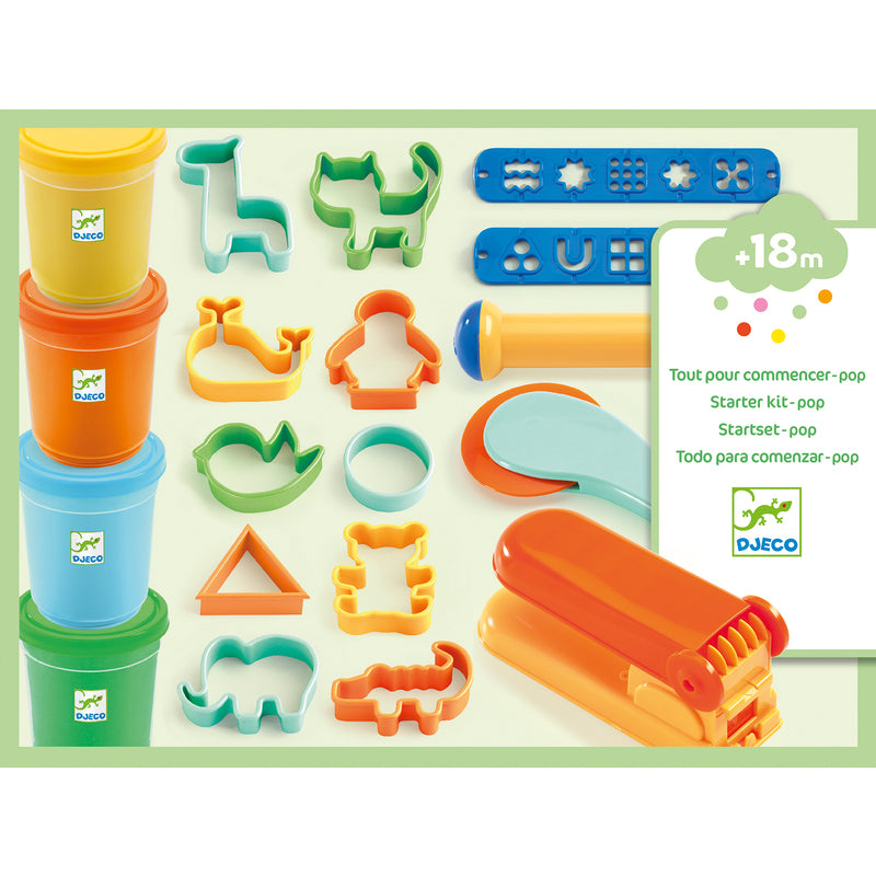 Djeco Dough Starter Set 4 Tubs & 15 Tools In Classic Colours