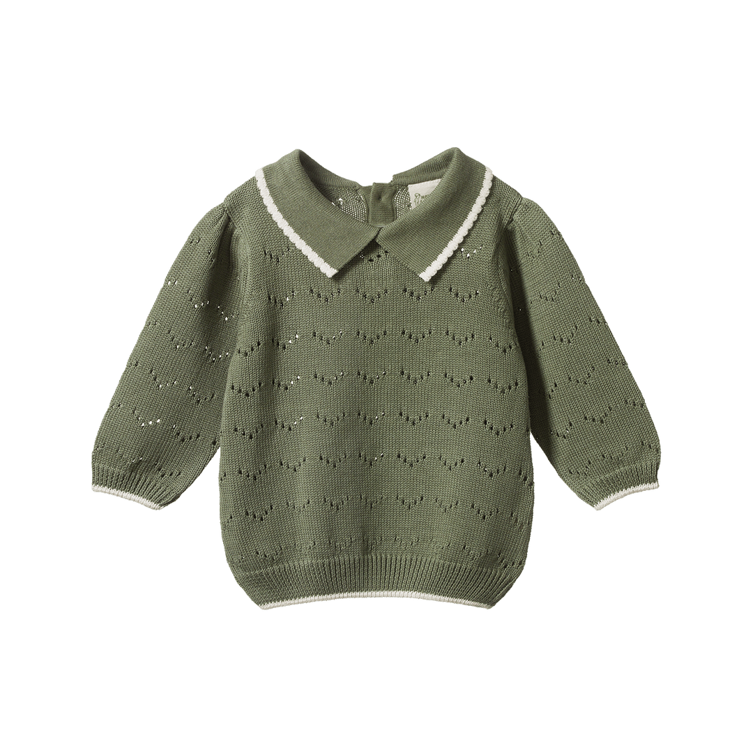 NATURE BABY - LONG SLEEVE MAEVE POLO: HEDGE GREEN POINTELLE [sz:6-12 MTHS]