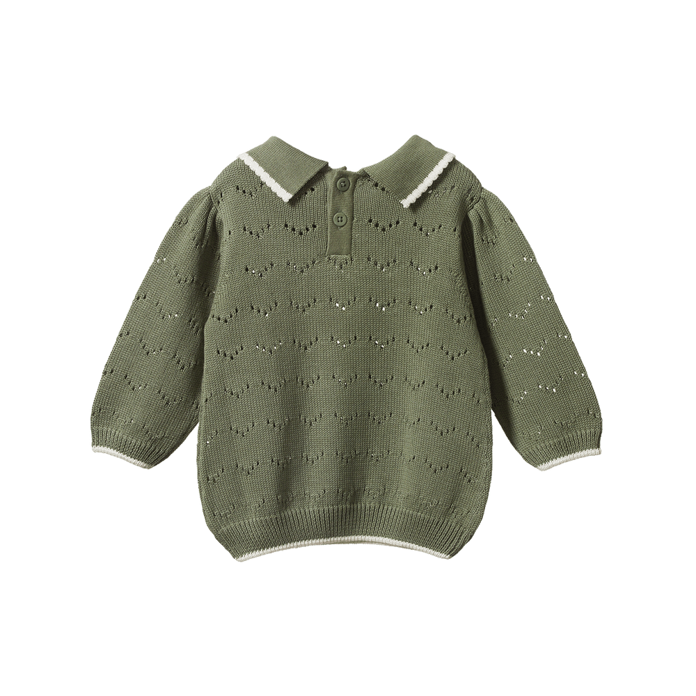 NATURE BABY - LONG SLEEVE MAEVE POLO: HEDGE GREEN POINTELLE [sz:6-12 MTHS]