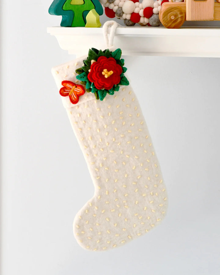 TARA TREASURES - FELT CHRISTMAS STOCKING: WHITE WITH FLOWER