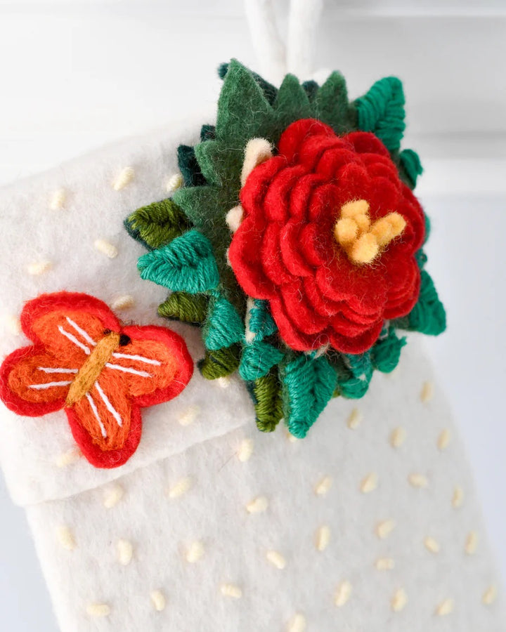 TARA TREASURES - FELT CHRISTMAS STOCKING: WHITE WITH FLOWER