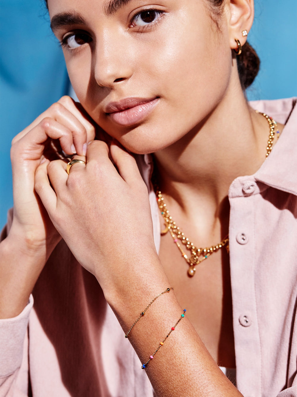 ESTELLA BARTLET -  DOUBLE CHAIN RAINBOW ENAMEL BEADED BRACELET: GOLD PLATED