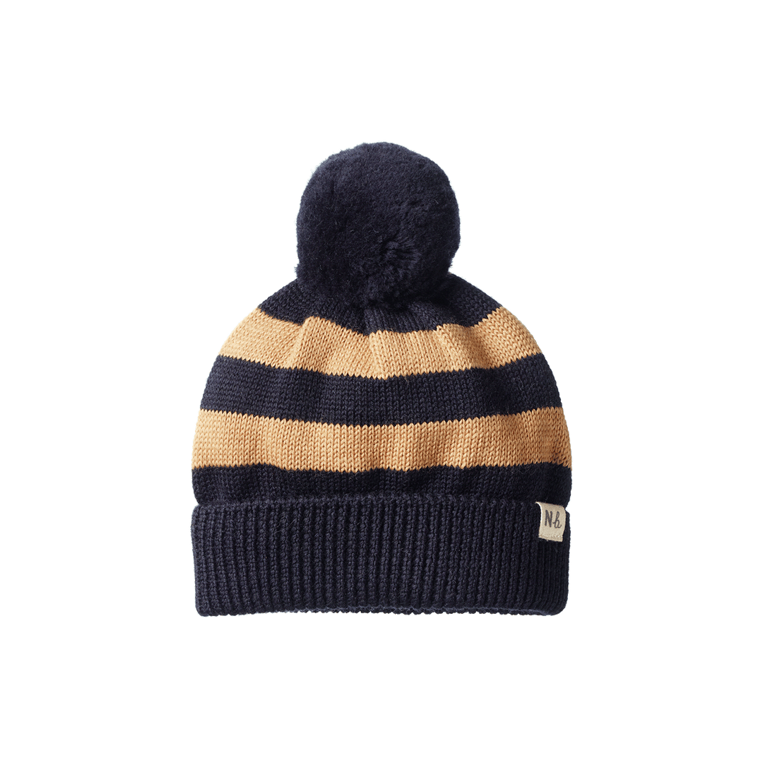 NATURE BABY - ALPINE POM POM BEANIE: NAVY/CARAMEL [sz:0-6 MTHS]
