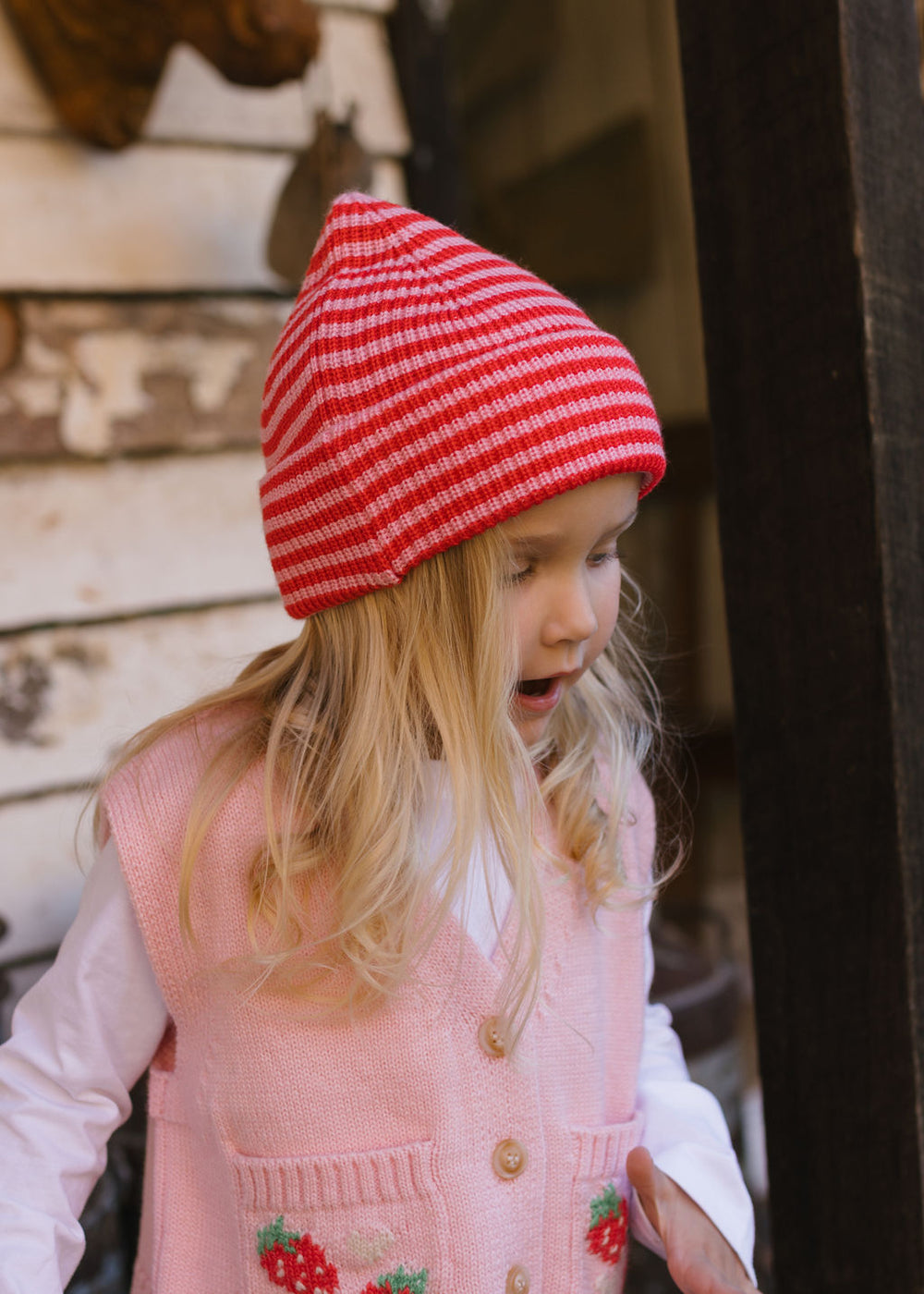 ACORN KIDS - BERLIN MERINO BEANIE: PINK & RED STRIPE [sz:S (6-18 MTHS)]