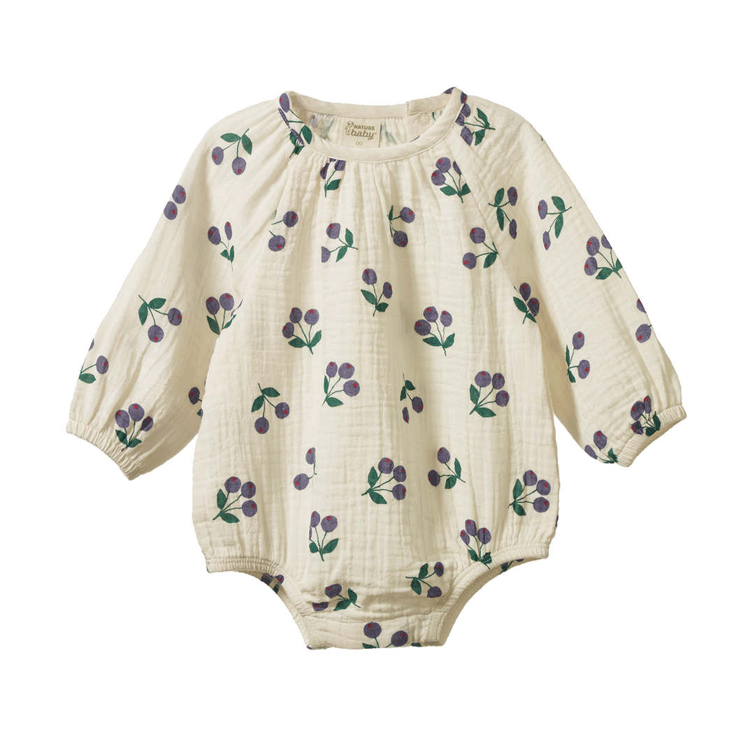 NATURE BABY - MEADOW BODYSUIT MUSLIN: WINTER BERRY NATURAL PRINT [sz:0-3 MTHS]