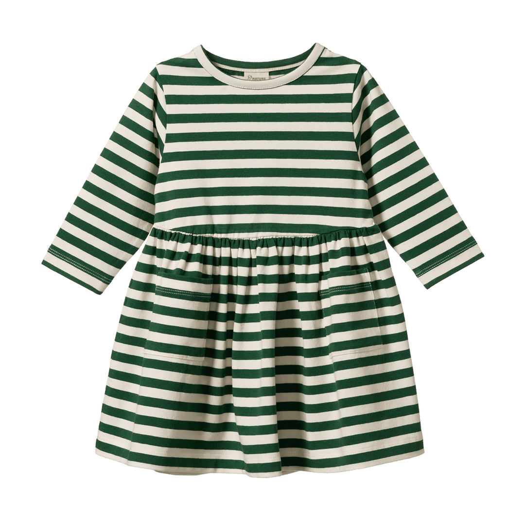 NATURE BABY - LONG SLEEVE TWIRL DRESS: EDEN SEA STRIPE [sz:6-12 MTHS]