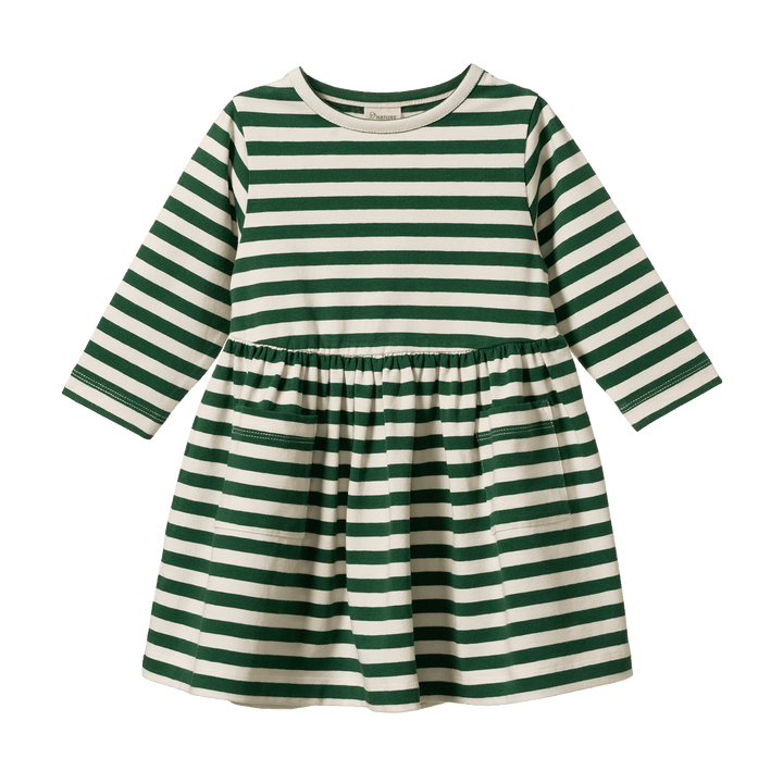 NATURE BABY - LONG SLEEVE TWIRL DRESS: EDEN SEA STRIPE [sz:6-12 MTHS]