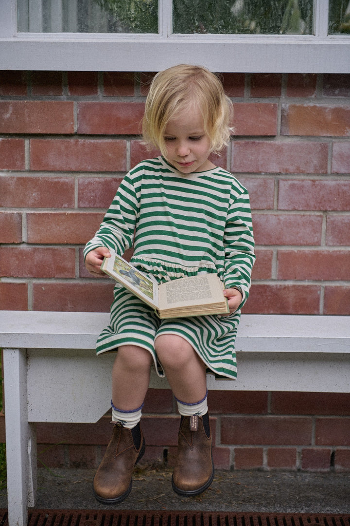 NATURE BABY - LONG SLEEVE TWIRL DRESS: EDEN SEA STRIPE [sz:6-12 MTHS]