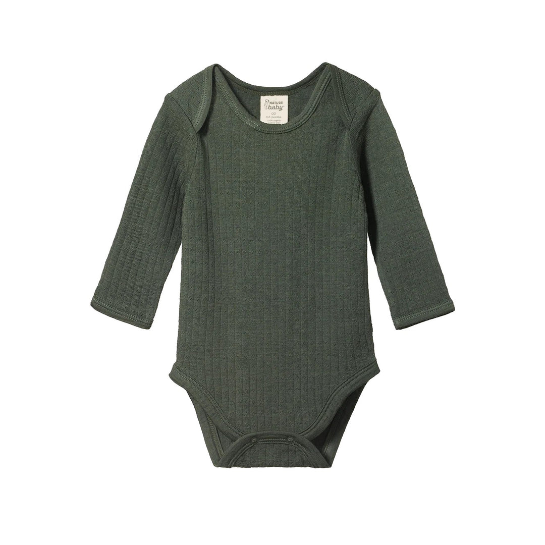 NATURE BABY - MERINO LONG SLEEVE BODYSUIT POINTELLE: THYME [sz:NB]