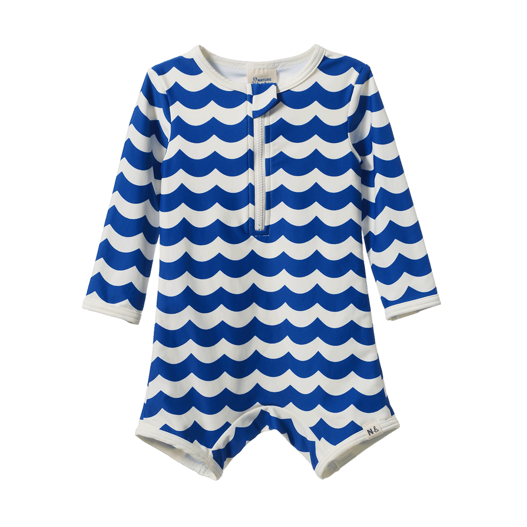 NATURE BABY - ONE PIECE BATHING TRUNKS: WAVES BLUE PRINT [sz:6-12 MTHS]