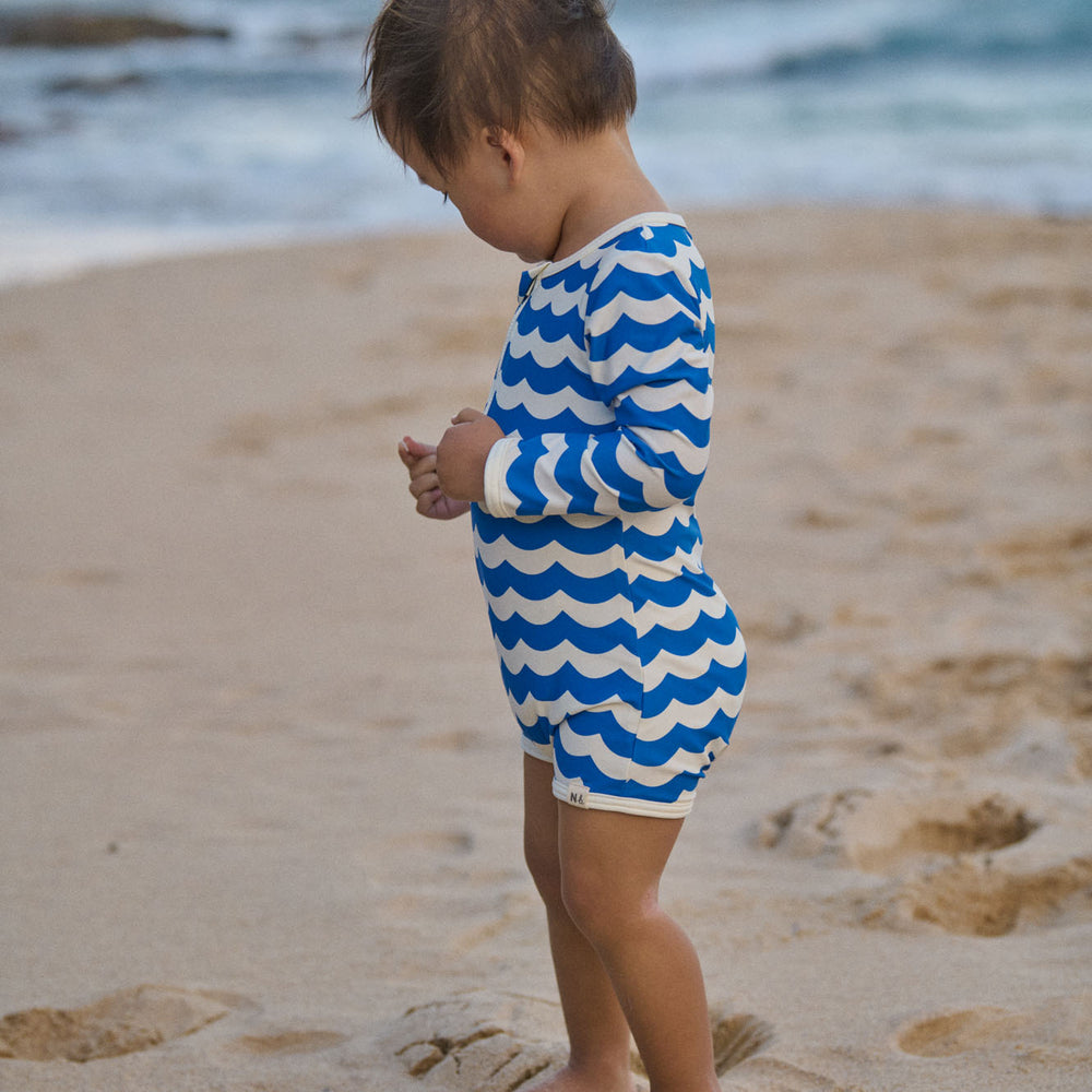 NATURE BABY - ONE PIECE BATHING TRUNKS: WAVES BLUE PRINT [sz:6-12 MTHS]