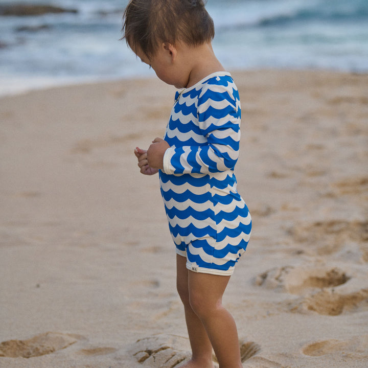NATURE BABY - ONE PIECE BATHING TRUNKS: WAVES BLUE PRINT [sz:6-12 MTHS]