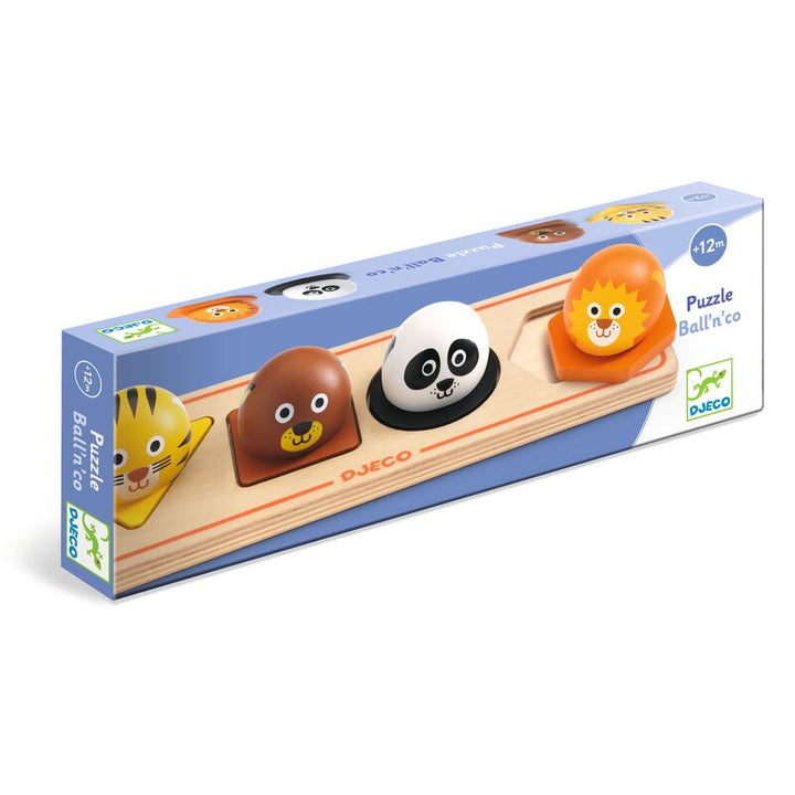 DJECO - WOODEN PUZZLE: 4 PC ANIMAL BALL N GO 