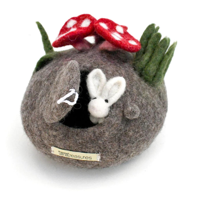 TARA TREASURES - FELT FAIRY TOADSTOOL HOUSE WITH RABBIT TOY