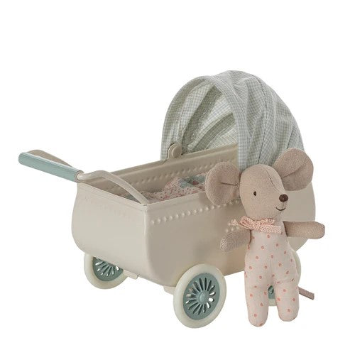 MAILEG - HOME & ACC: PRAM WITH BABY MOUSE MINT 