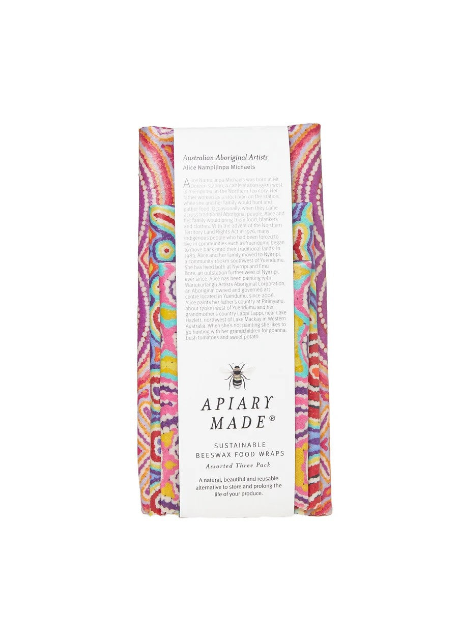 APAIRY MADE - BEESWAX WRAPS: 3 ASS AUSTRALIAN ABORIGINAL ARTISTS