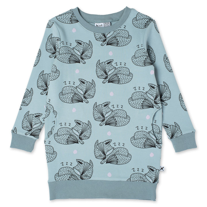 MINTI - SLEEPY FOX DRESS MUTED - GREEN [sz:2 YRS]