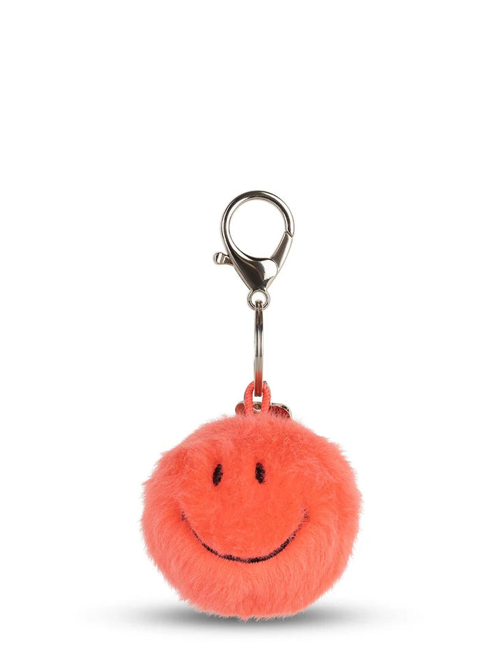 BON BON TOYS - SMILEY ECO FUZZY KEYCHAIN: BRIGHT CORAL