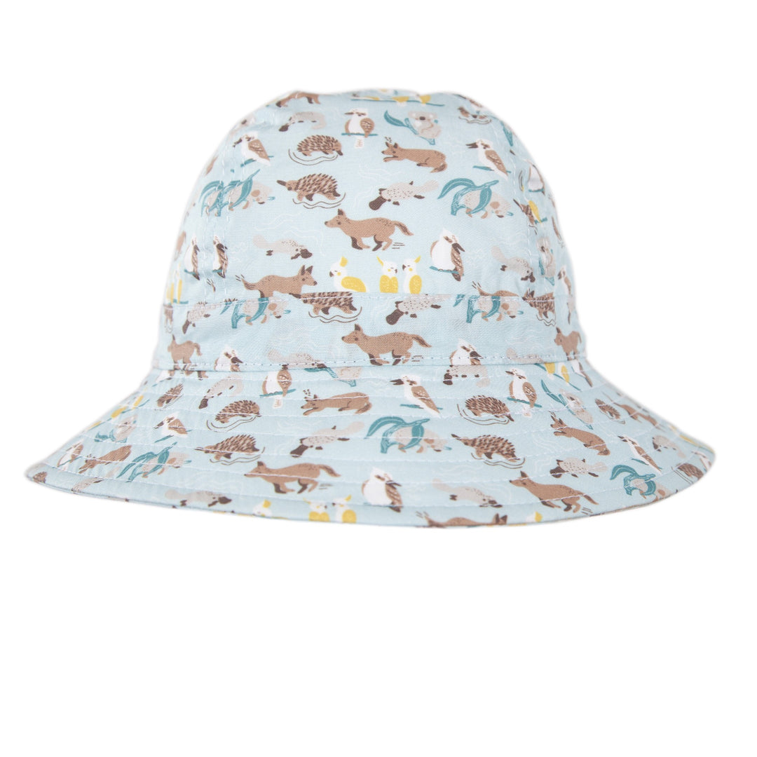 ACORN KIDS - INFANT WIDE BRIM SUNHAT: AUSSIE BUSH FRIENDS [sz:XS - 46CM/0-9 MTHS]