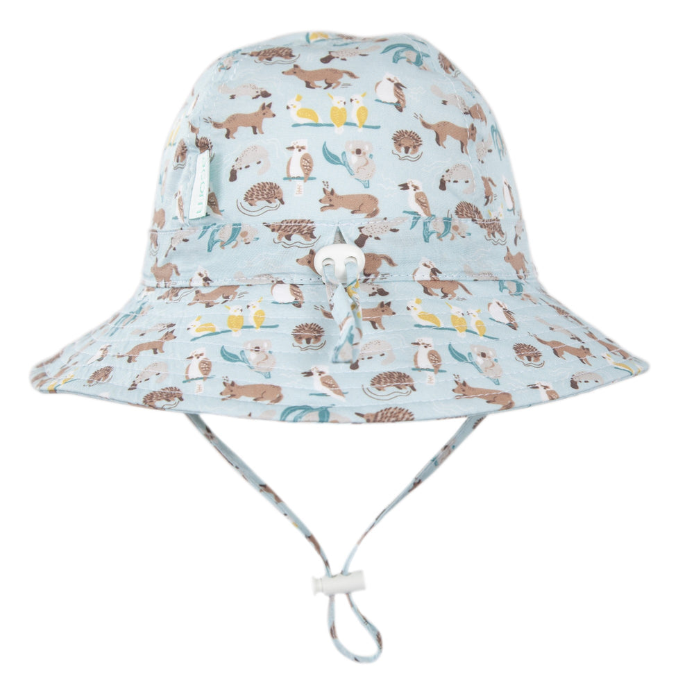 ACORN KIDS - INFANT WIDE BRIM SUNHAT: AUSSIE BUSH FRIENDS [sz:XS - 46CM/0-9 MTHS]
