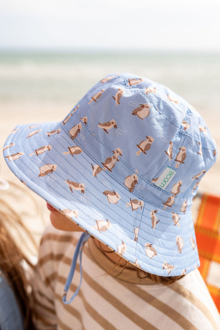 ACORN KIDS - KOOKABURRA WIDE BRIM BUCKET HAT: BLUE AND BROWN [sz:S - 50CM/9-18 MTHS]