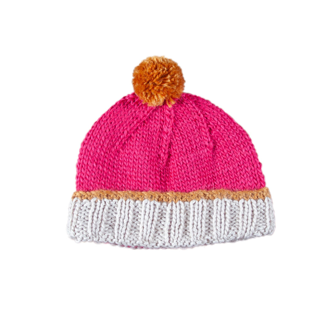 ACORN KIDS - TEDDY BEANIE: FUCHSIA AND CARAMEL [sz:S (6-18 MTHS)]