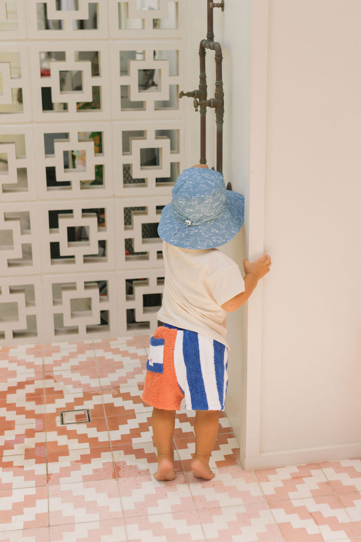 ACORN KIDS - WIDE BRIM BUCKET SUNHAT: SKETCH A SAURUS [sz:S - 50CM/9-18 MTHS]