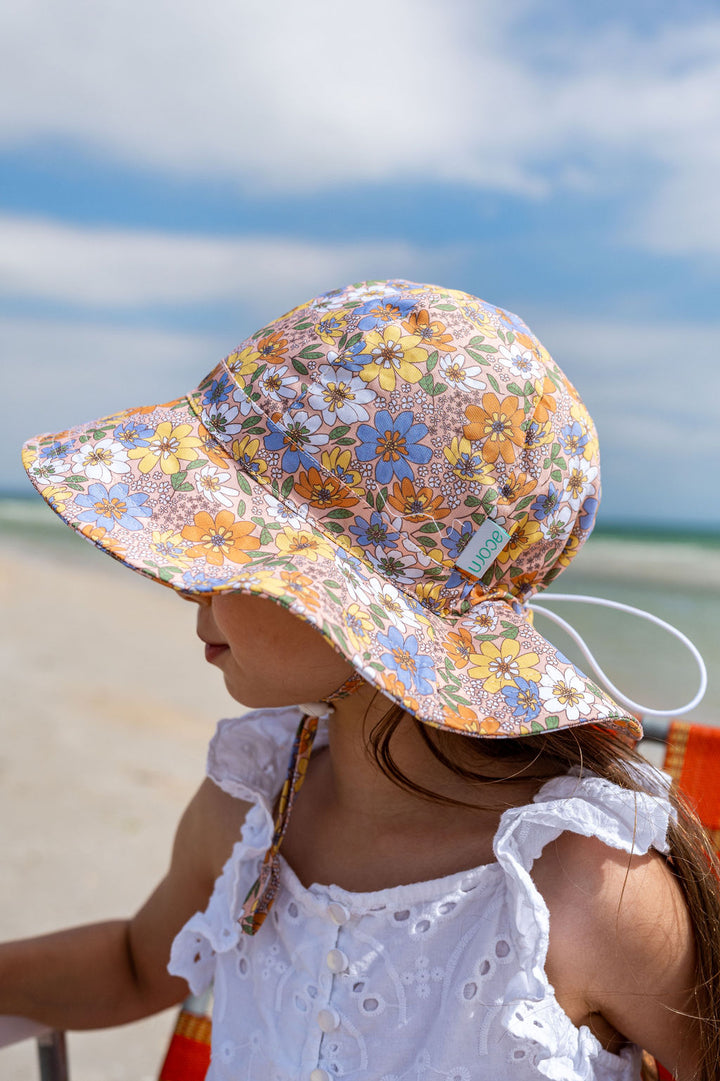 ACORN KIDS - MAGGIE WIDE BRIM SUNHAT: PEACH AND MULTI [sz:S - 50CM/9-18 MTHS]