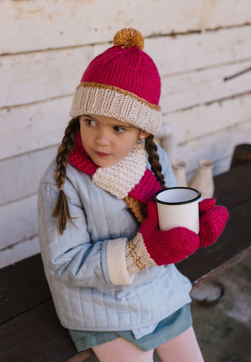 ACORN KIDS - TEDDY MITTENS: FUCHSIA AND CREAM [sz:S (6-18 MTHS)]