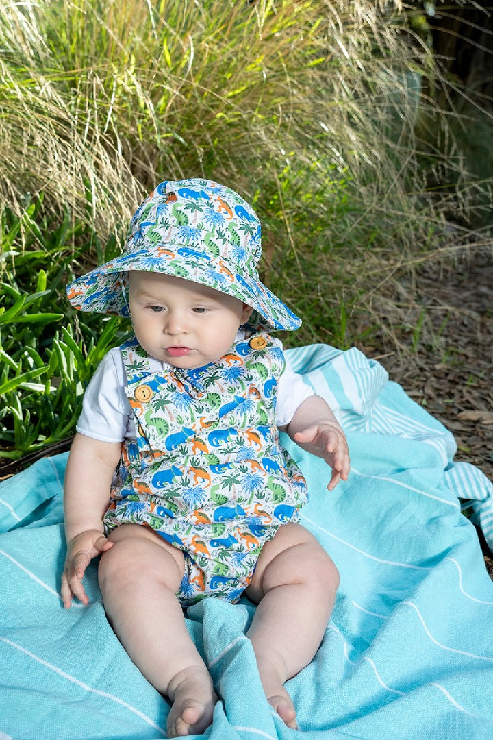 ACORN KIDS - PREHISTORIC WIDE BRIM INFANT HAT: BLUE/GREEN/ORANGE