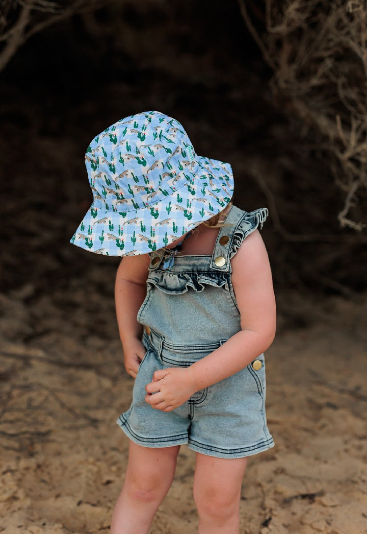 ACORN KIDS - KIMODO DRAGON WIDE BRIM BUCKET HAT: BLUE/GREEN/BROWN