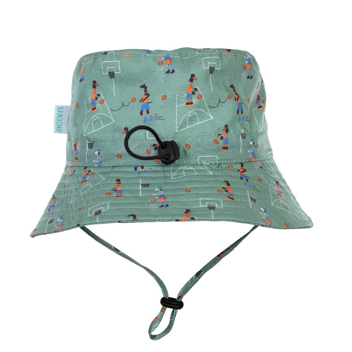 ACORN KIDS - SHOOTING HOOPS WIDE BRIM BUCKET HAT: GREEN/MULTI