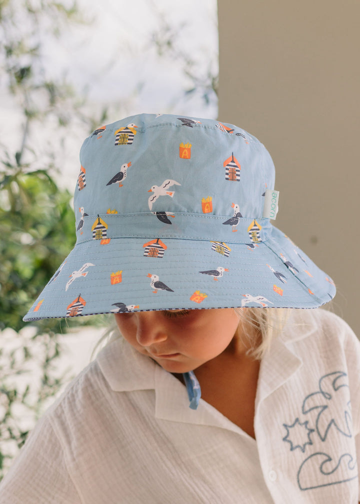 ACORN KIDS - WIDE BRIM BUCKET SUNHAT: SEAGULLS [sz:S - 50CM/9-18 MTHS]
