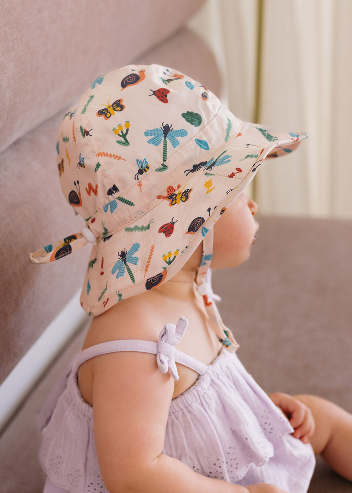 ACORN KIDS - INFANT WIDE BRIM SUNHAT: GARDEN FRIENDS [sz:XS - 46CM/0-9 MTHS]