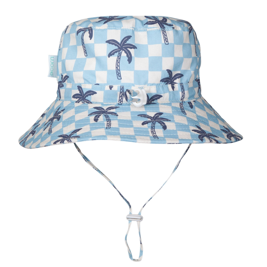 ACORN KIDS - WIDE BRIM BUCKET SUNHAT: BLUE CHECKED PALMS [sz:S - 50CM/9-18 MTHS]