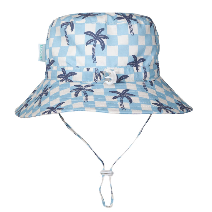 ACORN KIDS - WIDE BRIM BUCKET SUNHAT: BLUE CHECKED PALMS [sz:S - 50CM/9-18 MTHS]