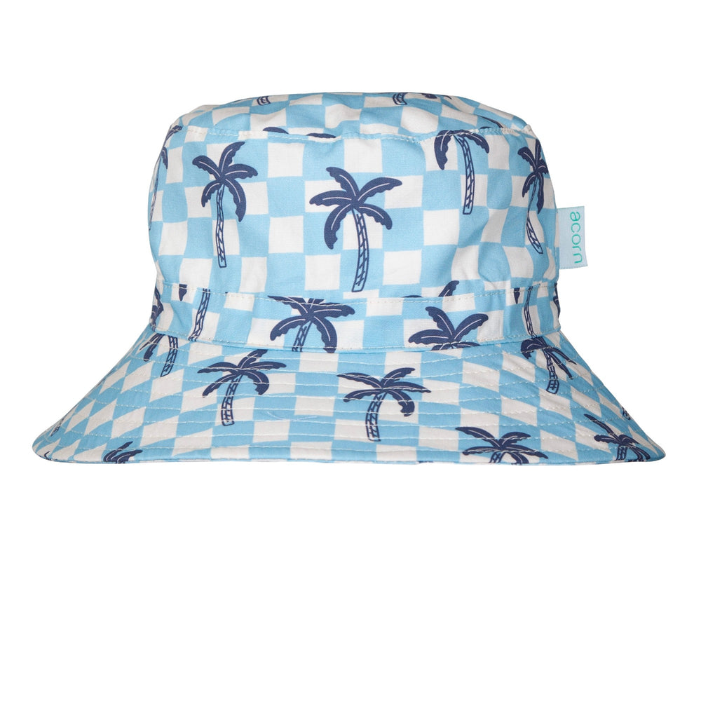 ACORN KIDS - WIDE BRIM BUCKET SUNHAT: BLUE CHECKED PALMS [sz:S - 50CM/9-18 MTHS]