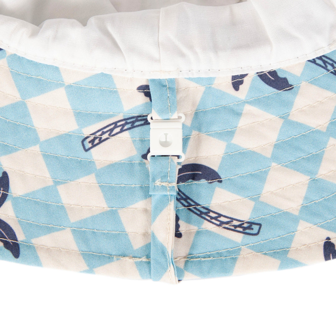 ACORN KIDS - WIDE BRIM BUCKET SUNHAT: BLUE CHECKED PALMS [sz:S - 50CM/9-18 MTHS]