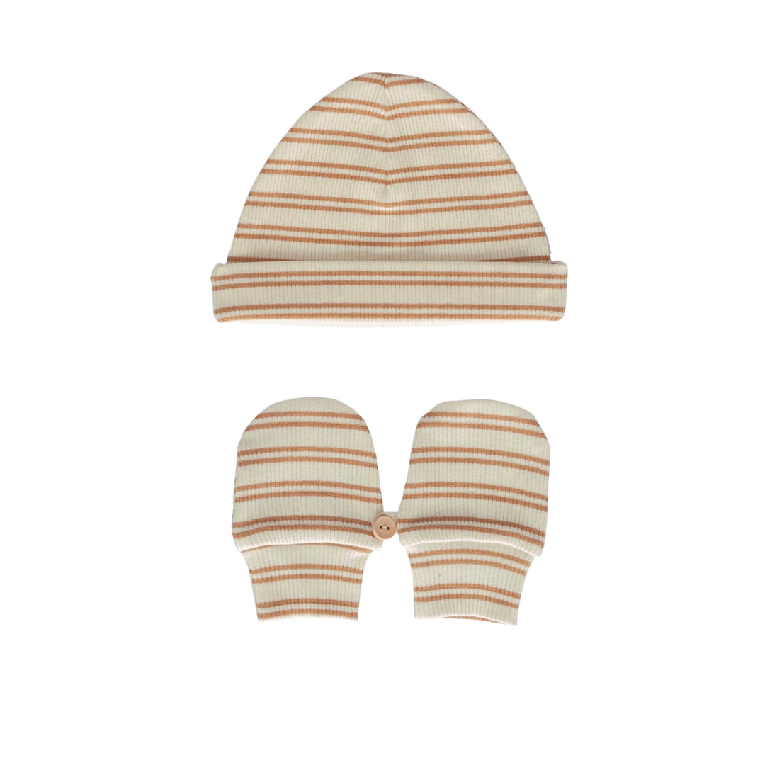 ACORN KIDS - HENLEY BEANIE & MITTENS SET: CARAMEL STRIPE [sz:XXS (0-3 MTHS)]