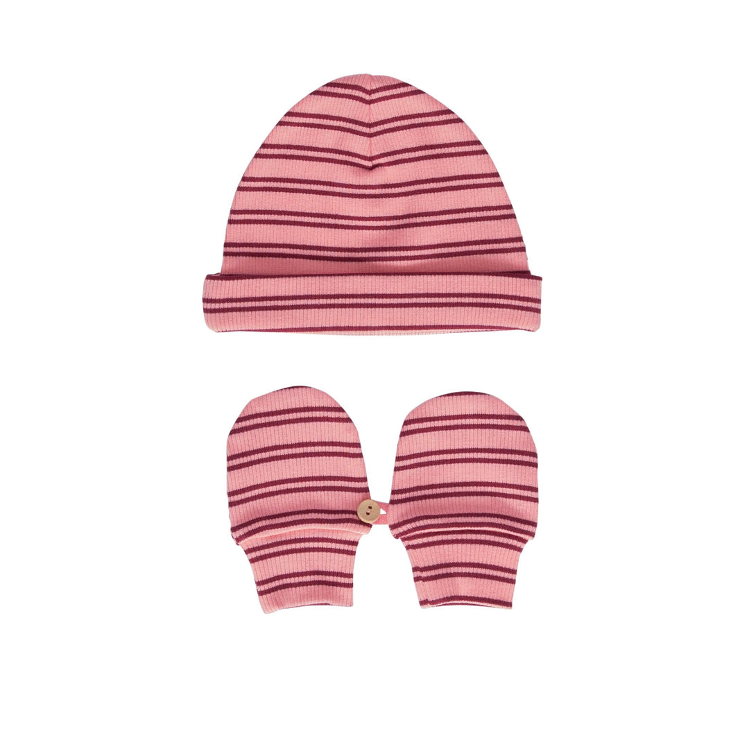 ACORN KIDS - HENLEY BEANIE & MITTENS SET: PINK STRIPE [sz:XXS (0-3 MTHS)]