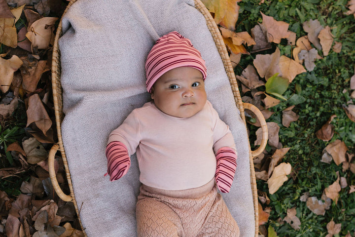 ACORN KIDS - HENLEY BEANIE & MITTENS SET: PINK STRIPE [sz:XXS (0-3 MTHS)]
