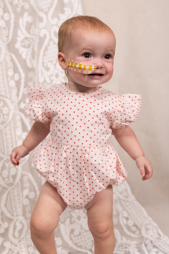 ALEX AND ANT - LOVE PLAYSUIT: RED/PINK POLKADOT [sz:0-3 MTHS]