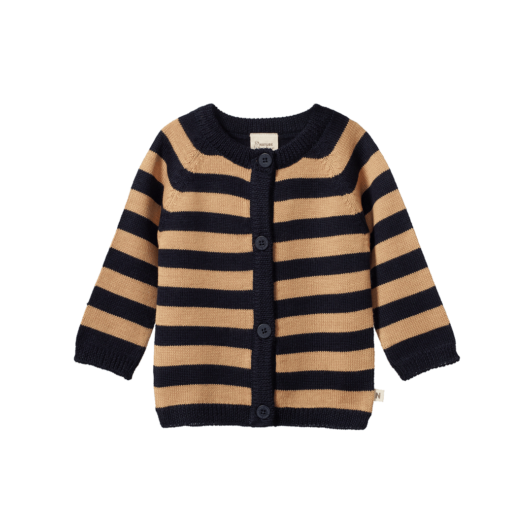 NATURE BABY - MERINO KNIT CARDIGAN: CARAMEL/NAVY [sz:0-3 MTHS]