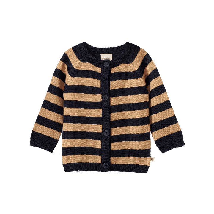 NATURE BABY - MERINO KNIT CARDIGAN: CARAMEL/NAVY [sz:0-3 MTHS]