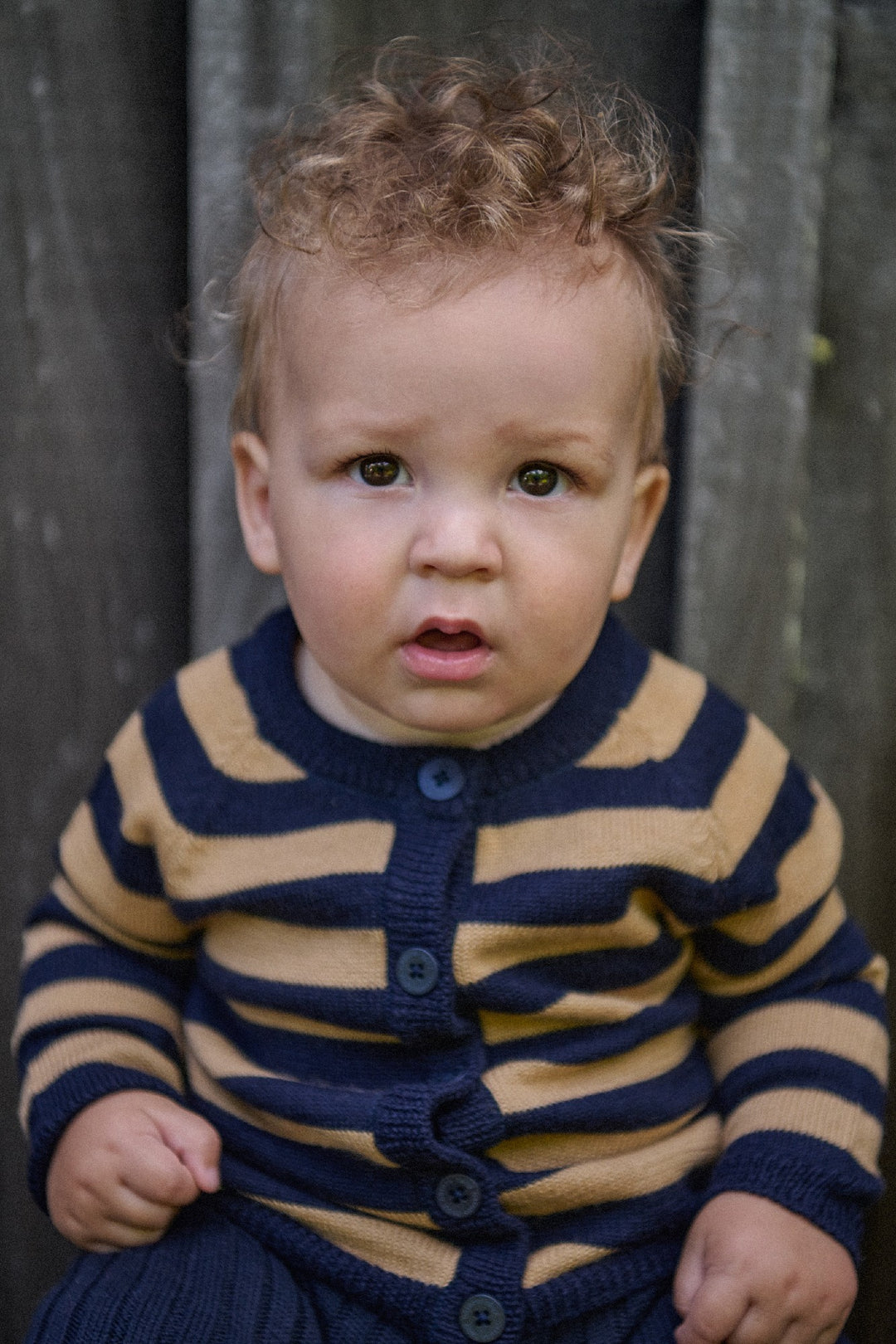 NATURE BABY - MERINO KNIT CARDIGAN: CARAMEL/NAVY [sz:0-3 MTHS]