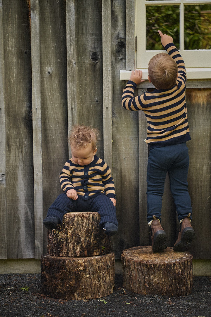 NATURE BABY - MERINO KNIT CARDIGAN: CARAMEL/NAVY [sz:0-3 MTHS]