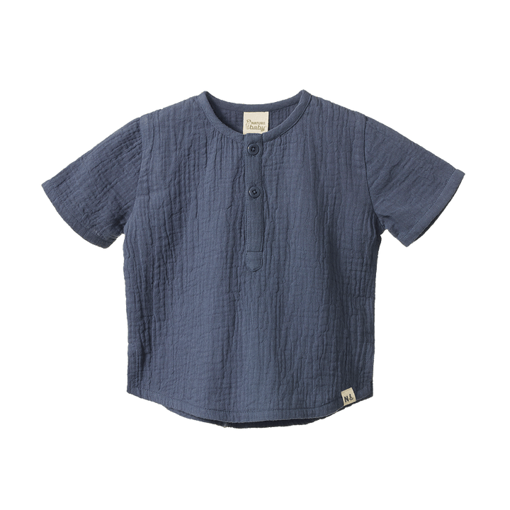 NATURE BABY - SHORT SLEEVE CARAVAN SHIRT MUSLIN: VINTAGE INDIGO [sz:6-12 MTHS]