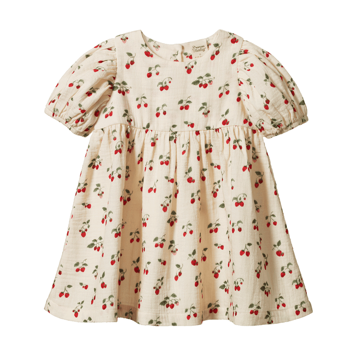 NATURE BABY - ALBERTINE DRESS MUSLIN: STRAWBERRY BLUSH PRINT [sz:6-12 MTHS]