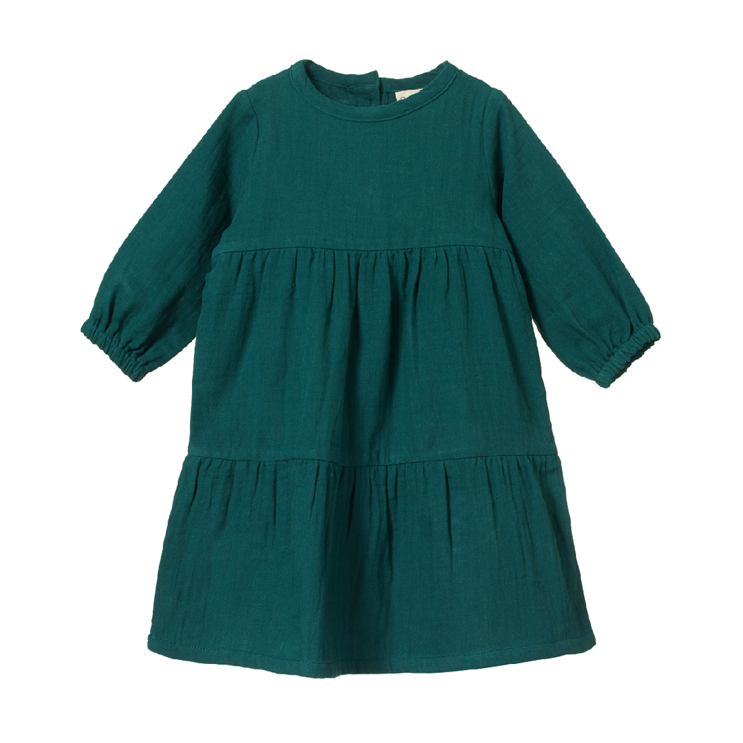 NATURE BABY - LONG SLEEVE ESTHER DRESS: TEAL CRINKLE