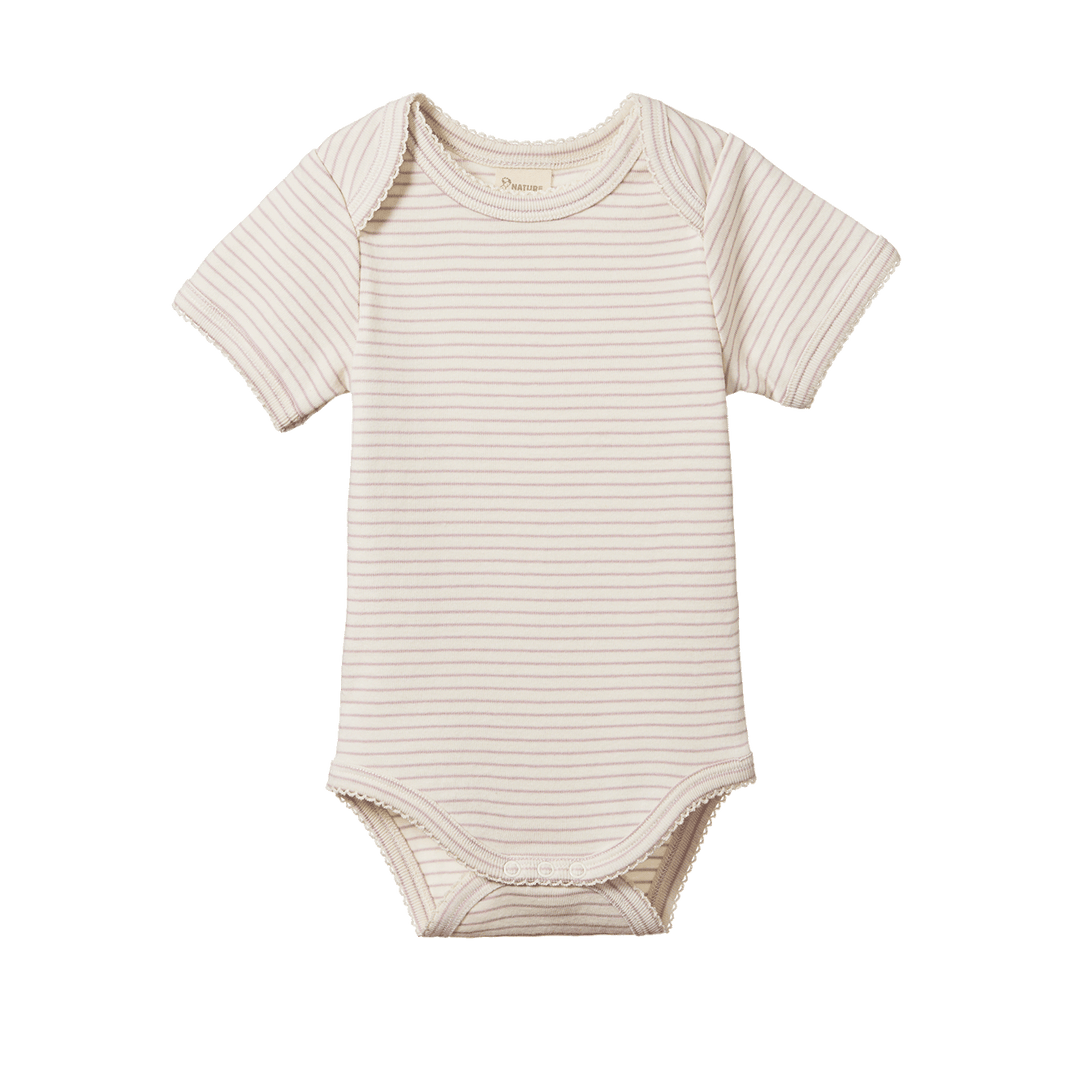 NATURE BABY - SHORT SLEEVE BODYSUIT: LILAC PINSTRIPE [sz:0-3 MTHS]